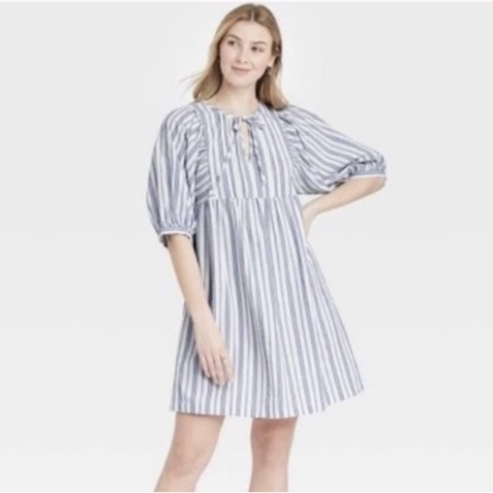 Universal Thread Blue Stripe Puff Sleeve Dress